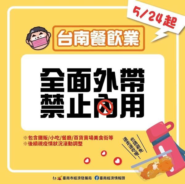 小編提醒您，為了減少公共場所的疫情傳遞，臺南市所有餐飲業 即日起「#禁止內用，#只能外帶 」回自己的家中或非營業的室內場所食用。圖片